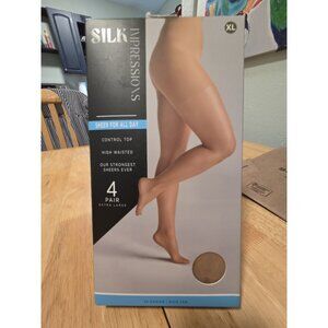 New Silk Impressions Pantyhose Sheer For All Day 4-Pack Size XL Rich Tan